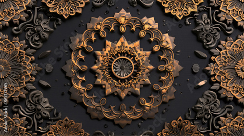 Detailed Golden Mandala with Floral Elements on Dark Canvas for Artistic Interior Design