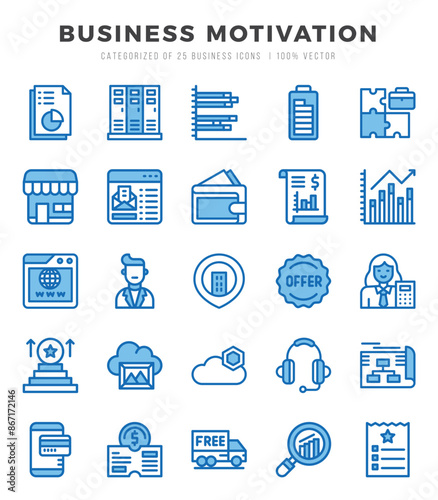 Business Motivation Icons Pack. Two Color icons set. Two Color icon collection set.