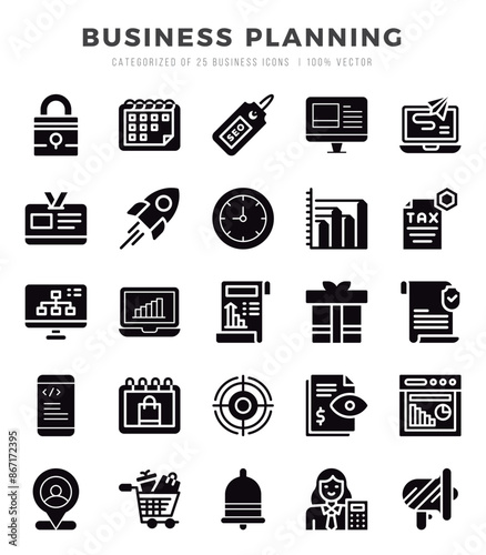 Set of simple Glyph Business Planning Icons. Glyph art icons pack.