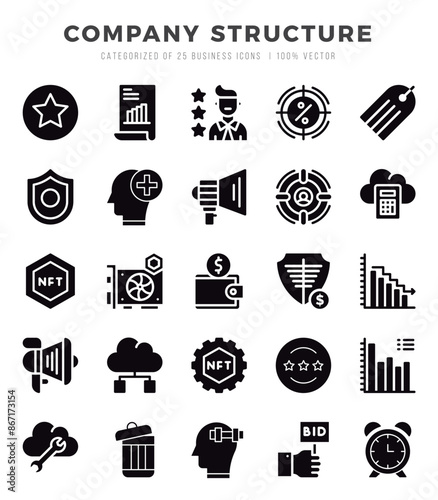 Company Structure Glyph icons collection. 25 icon set. Vector illustration.