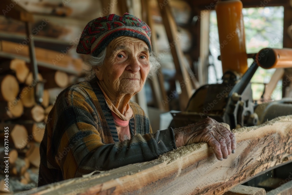 Senior carpenter woman is touching wood plank in her workshop Senior carpenter woman is touching wood plank in her workshop