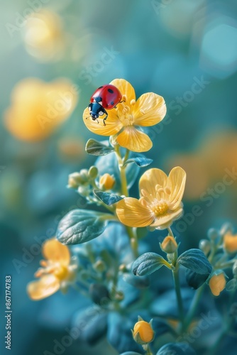 Ladybug on Yellow Flower in a Garden on a Sunny Day