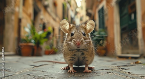 Fototapeta Naklejka Na Ścianę i Meble -  A small gray mouse on the city streets during the day. The problem of dirt and unsanitary conditions in the metropolis