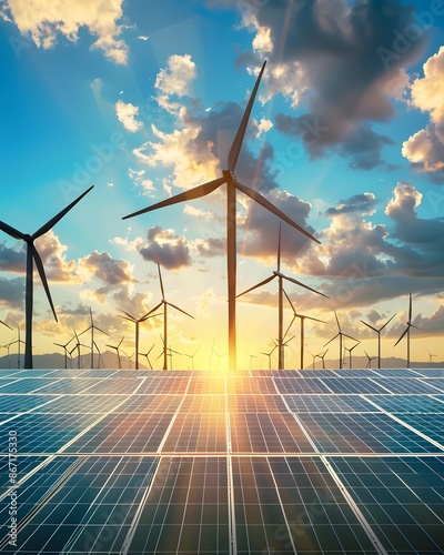 solar panels and wind turbines against the backdrop of blue sky at sunset photo