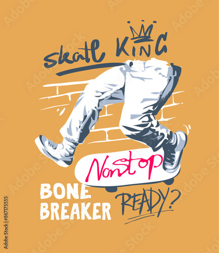 skate king calligraphy slogan with man playing skateboard hand drawn vector illustration for fashion print