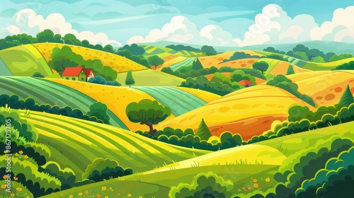 Scenic Summer Landscape with Rolling Hills, Farmland, and a quaint Village. Concept of idyllic countryside living, agriculture, and nature's beauty