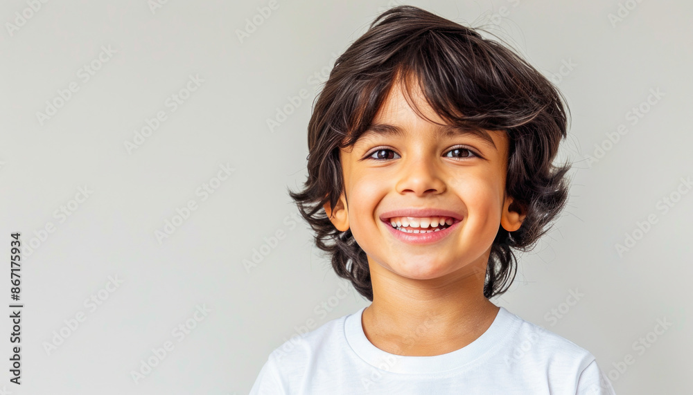A happy, young boy with long hair is smiling joyfully as he poses for a picture A happy, young boy with long hair is smiling joyfully as he poses for a picture