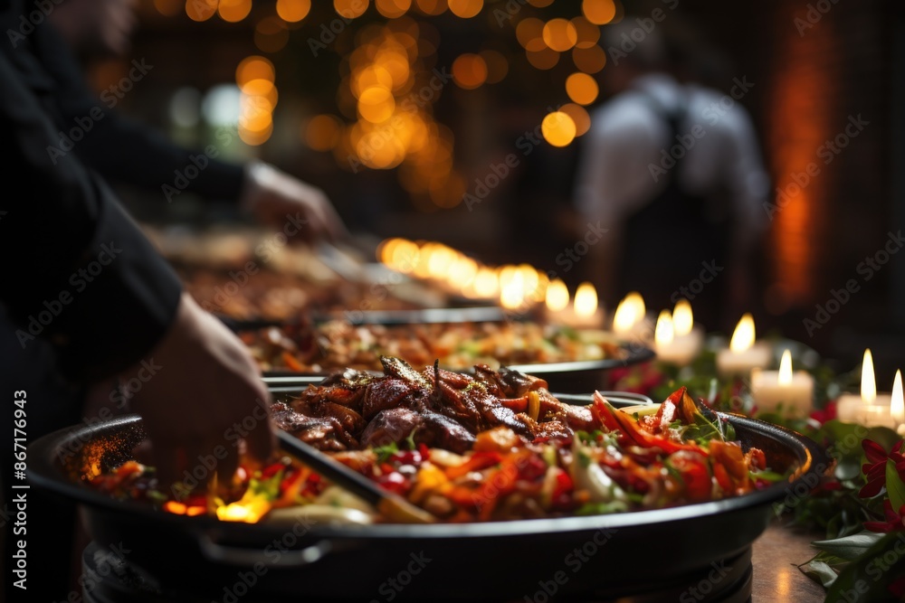Diverse buffet line serving variety of food options