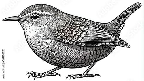 Hand drawn vector of wren isolated on white background for coloring page. Black and white  stock illustration of bird for coloring book. photo