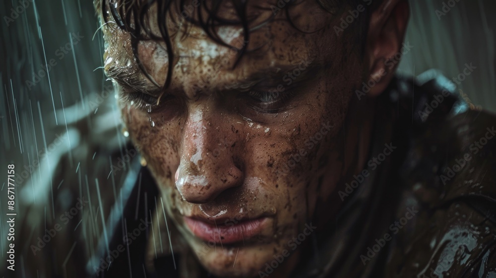 Determined Man in Rain with Muddy Face Expressing Sadness and Grit