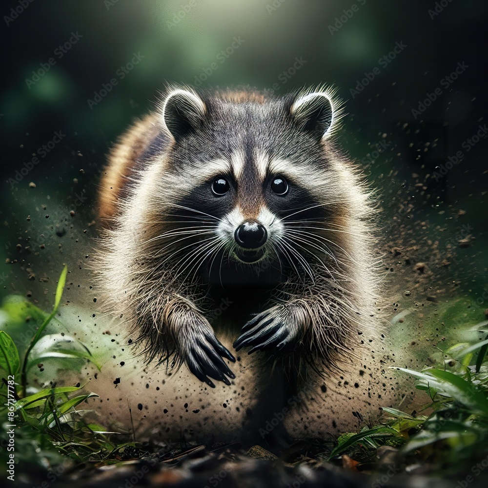 High-speed photography of a racoon running fast in the tall grass, motion blur and a fast shutter speed High-speed photography of a racoon running fast in the tall grass, motion blur and a fast shutter speed
