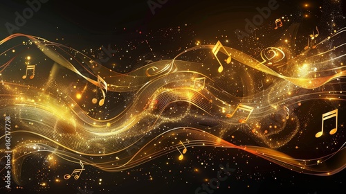 Abstract music note background, golden vector illustration, flowing musical notes, elegant curves, rich golden tones, dynamic and artistic