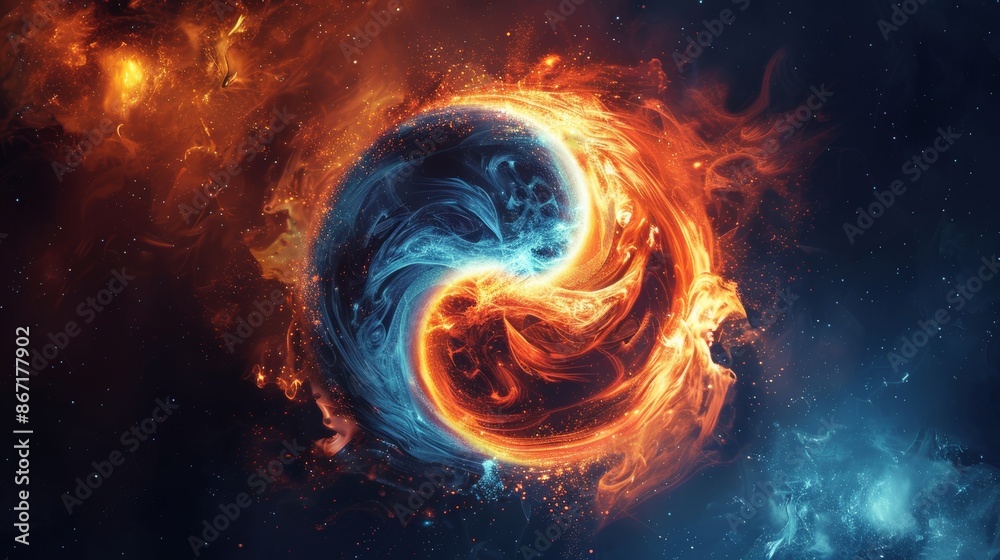 Abstract yin yang with swirling light and fire, starry universe background, cosmic elements, detailed and dynamic design, visually striking