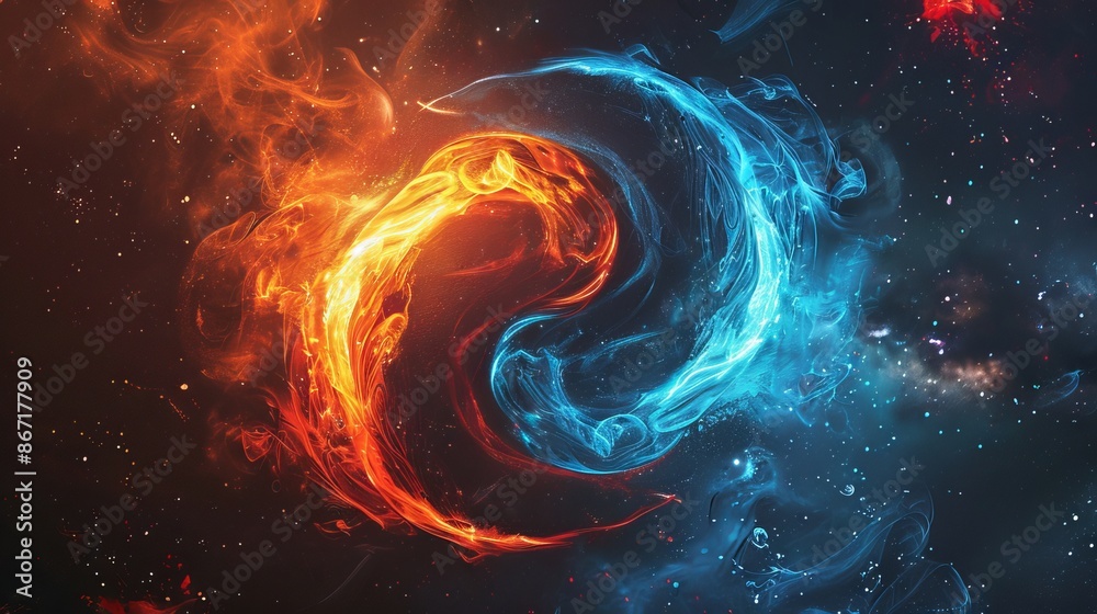 Abstract yin yang with swirling light and fire, starry universe background, cosmic elements, detailed and dynamic design, visually striking