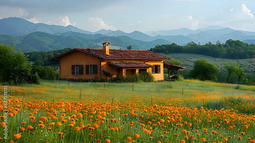 Fototapeta premium Idyllic Rustic Cabin Nestled in Lush Countryside Landscape with Mountain View