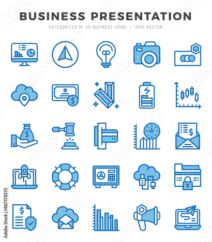 Business Presentation Icons Pack. Two Color icons set. Two Color icon collection set.