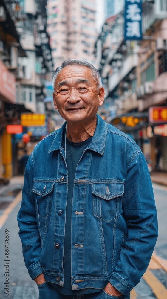 An elderly man smiles while wearing a blue denim jacket in a busy city street