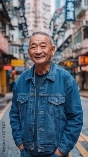 An elderly man smiles while wearing a blue denim jacket in a busy city street © A Denny Syahputra