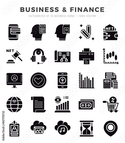 Business & Finance Glyph icons collection. 25 icon set. Vector illustration.