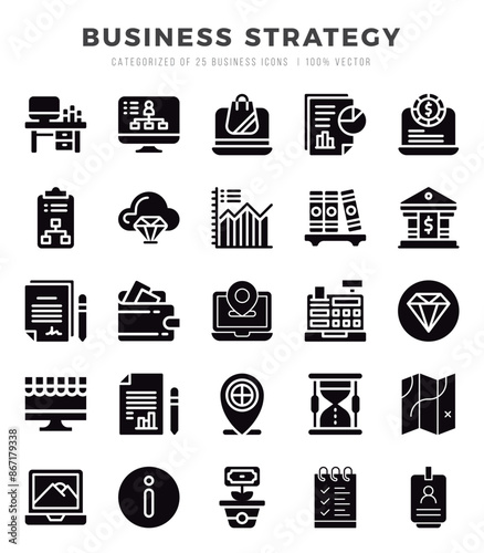 Business Strategy Icons bundle. Glyph style Icons. Vector illustration.