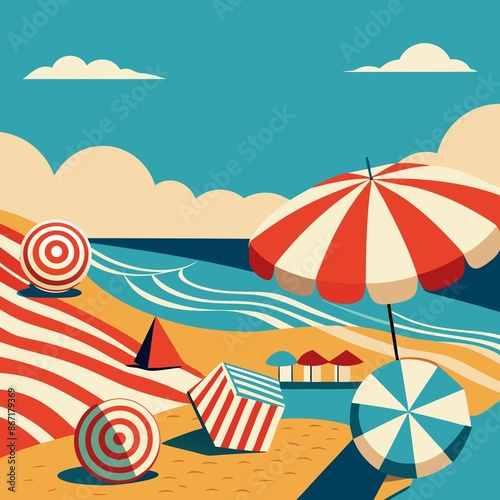 vintage-style beach scene featuring colorful beach umbrellas and towels, towels, beach, vintage, umbrellas © Sompong