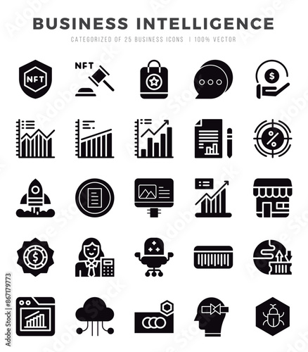 Business Intelligence icons set. Collection of simple Glyph web icons.