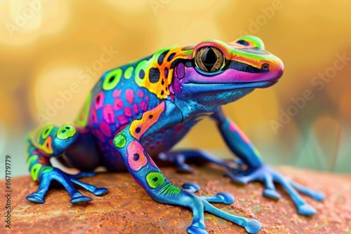 Vibrant, colorful poison dart frog perches on a rock, its skin a dazzling display of nature's artistry photo