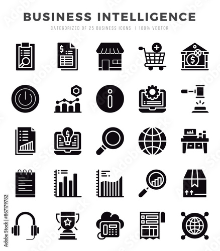 Business Intelligence elements. Glyph web icon set. Simple vector illustration.