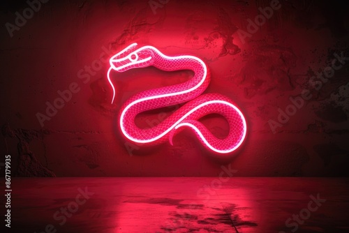 Glowing Neon Snake Sign Against Grungy Red Wall  Vibrant Urban Art Decor photo