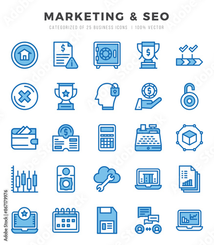 Marketing & SEO Icons Pack. Two Color icons set. Two Color icon collection set.