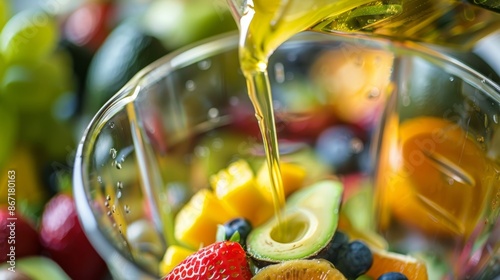 A sful of avocado oil being poured into a blender filled with bright juicy fruits. photo
