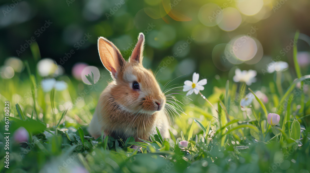 Fototapeta premium A rabbit sitting on the grass in the garden, looking at a flower, macro photo