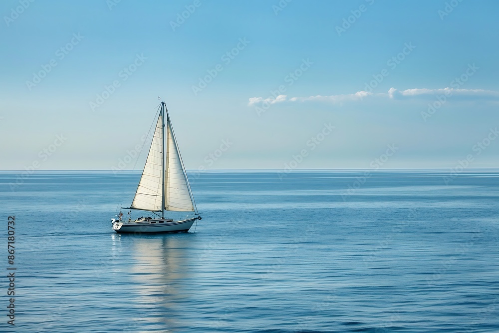 Fototapeta premium A lone sailboat on a vast, calm ocean
