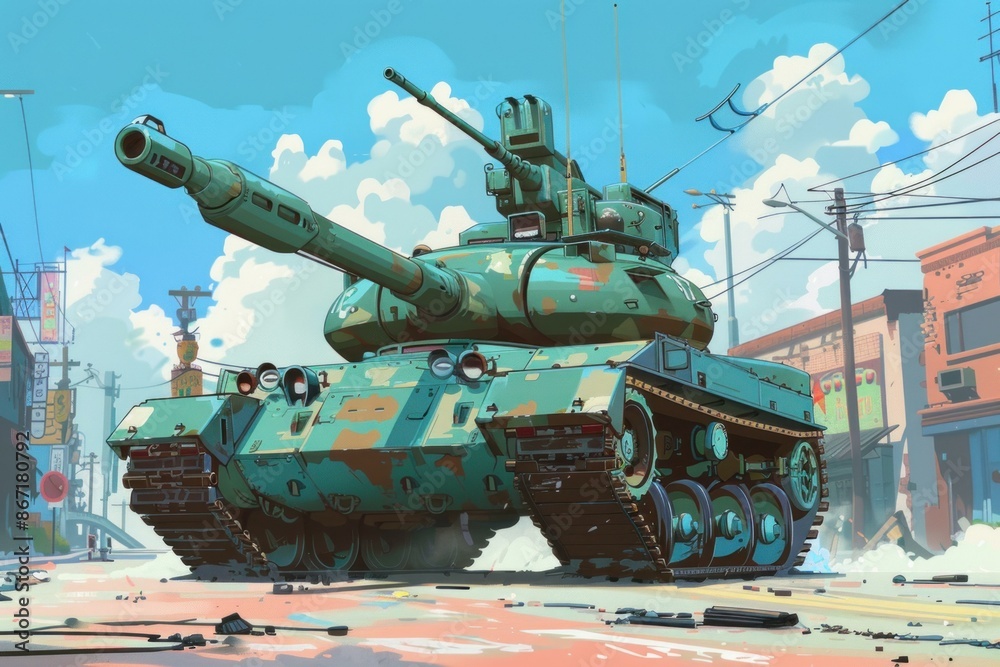 Illustration of a military tank patrolling a deserted city street on a sunny day Illustration of a military tank patrolling a deserted city street on a sunny day
