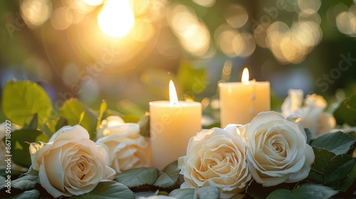 White roses with candles in background