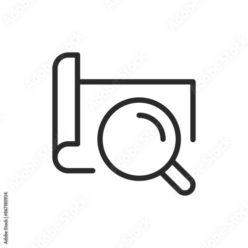 Rolled blueprint with magnifying glass, linear style icon. Blueprint being examined with a magnifying glass, detailed review or inspection. Editable stroke width.
