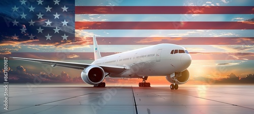 Passenger airplane with America flag background. 4th of July or American independence day. Generative AI technology.