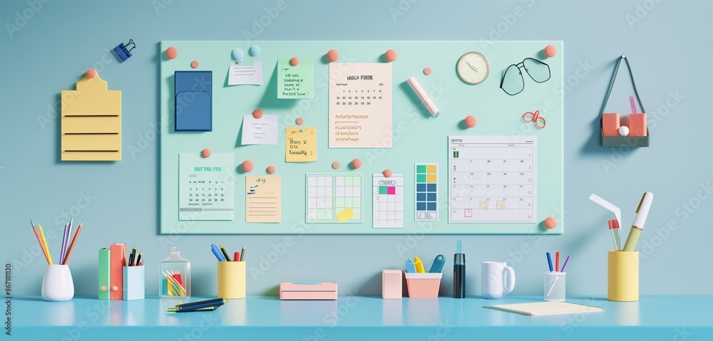 Minimalist back-to-school bulletin board with neatly pinned notes, schedules, and inspirational quotes, designed for a well-organized and motivating space.