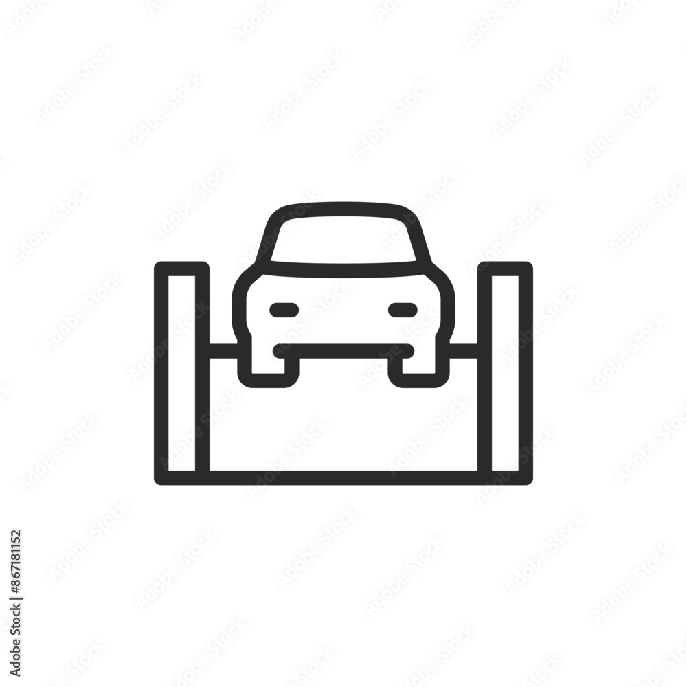 Car on lift, linear style icon. being lifted for maintenance or repair. Editable stroke width. Car on lift, linear style icon. being lifted for maintenance or repair. Editable stroke width.
