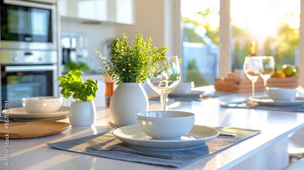 Elegant kitchen with state-of-the-art appliances, designer kitchenware, modern dining set Elegant kitchen with state-of-the-art appliances, designer kitchenware, modern dining set