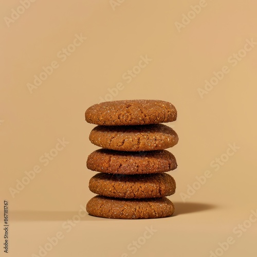 Close up of a stack of five homemade cookies with a brown sugar base on a beige background.