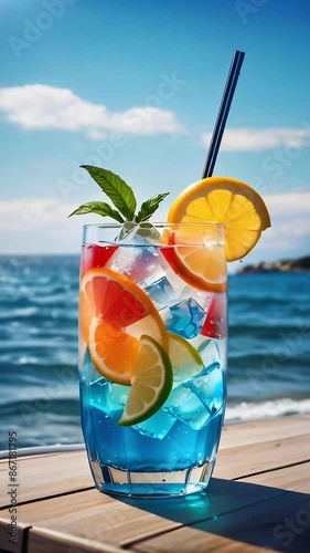 Refreshing blue cocktail with ice, garnished with lemon, lime, and orange slices, and a mint sprig. The drink sits on a wooden table with an ocean backdrop under a clear blue sky.