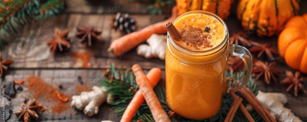 A carrot and ginger smoothie with a hint of cinnamon, on a wooden table with fall decorations, Rustic, Warm tones, Photography A carrot and ginger smoothie with a hint of cinnamon, on a wooden table with fall decorations, Rustic, Warm tones, Photography