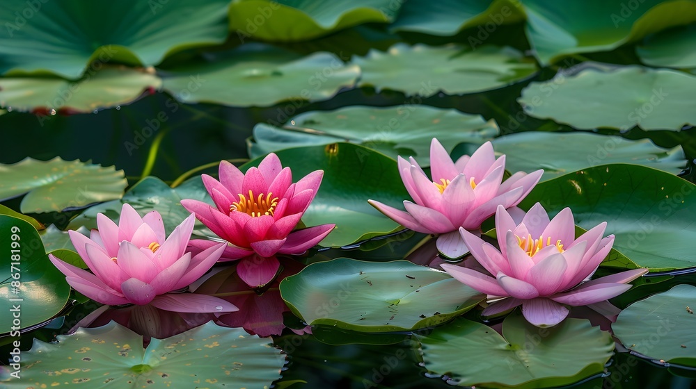 Serene Pink Waterlily Flowers in Tranquil Freshwater Pond with Lush Green Leaves Serene Pink Waterlily Flowers in Tranquil Freshwater Pond with Lush Green Leaves