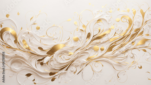 an abstract design of white, black, and gold swirls 