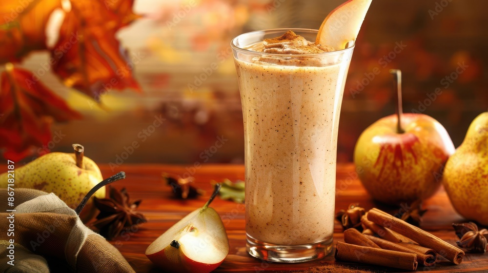 A pear and cinnamon smoothie in a tall glass, with autumn spices, Classic, Warm colors, Oil painting A pear and cinnamon smoothie in a tall glass, with autumn spices, Classic, Warm colors, Oil painting
