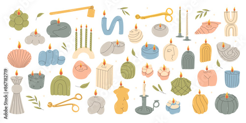 Aroma candles. Decorative hand drawn burning candles. Handmade decorative shaped aromatic candlelight with flames flat vector set. Candlelight flame vector stock set.