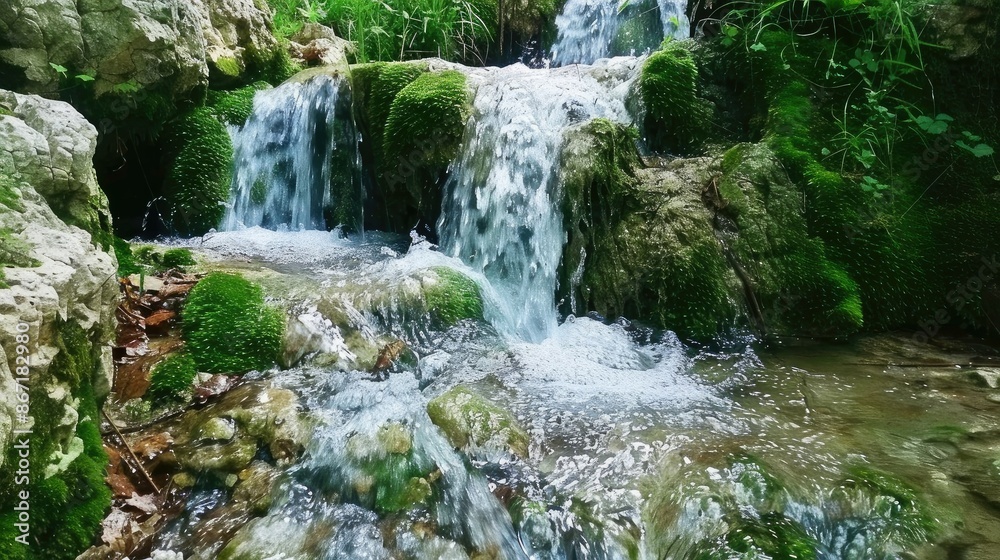 Sparkling crystal-clear waterfalls cascading down moss-covered rocks Sparkling crystal-clear waterfalls cascading down moss-covered rocks