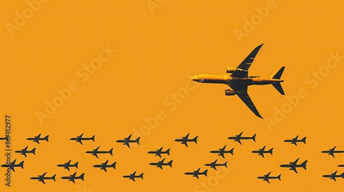 Bright golden airplane leading a formation of black airplanes, vivid contrast, representing being different, detailed and inspiring imagery photo