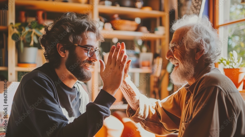Naklejka premium Smiling elderly man and young man high-fiving in a cozy, sunlit room with plants and shelves in the background.